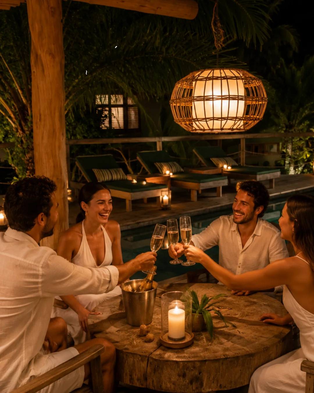 Groupe d'amis trinquant au vin pétillant au bord de la piscine, la nuit, dans une maison du Terravista